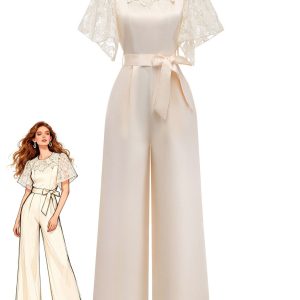 Apricot 1950s Floral Lace Satin Bow Belt Jumpsuit