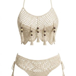 Apricot 1970s Crochet Beaded Tassel Bikini Set
