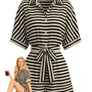 Apricot & Black 1980s Striped Lapel Belted Romper