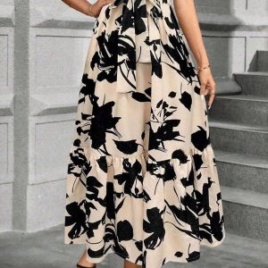 Beige 1930s Floral Silhouette A-Line Skirt