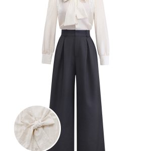 Beige 1950s Pearl Trimmed Bow Tie-Neck Jumpsuit