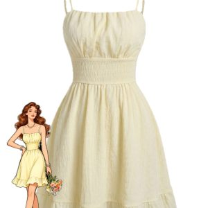 Beige 1960s Solid Ruched Textured Spaghetti Strap Mini Dress