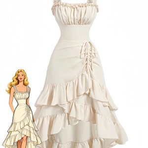 Beige 1980s Solid Ruffled Hem Suspender Dress
