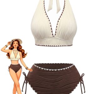 Beige Brown 1950s Halter High-Waist Ribbed Bikini Set