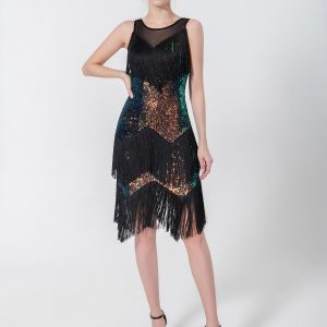 Black 1920s Beading Sleeveless Fringed Hem Dress