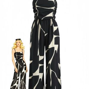 Black 1930s Abstract Printed Wide Leg Jumpsuit
