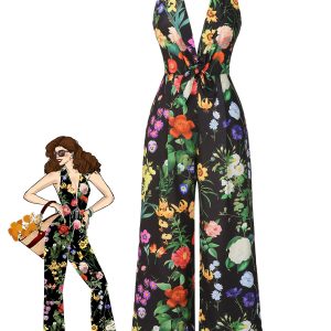 Black 1930s Floral V-Neck Halter Jumpsuit