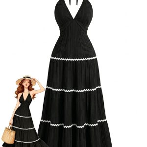 Black 1930s Halter Backless Colorblock Maxi Dress
