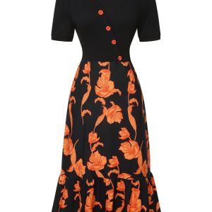 Black 1930s Irregular Neckline Floral Patchwork Dress