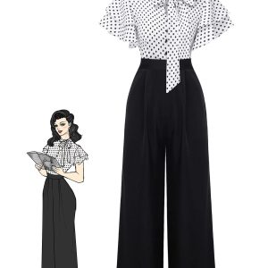 Black 1930s Polka Dots Tie-Neck Jumpsuit