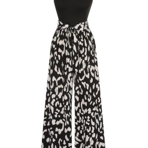 Black 1930s U-Neck Graphic Print Belted Jumpsuit
