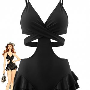 Black 1940s Criss-Cross Cutout Ruffle One-Piece Swimsuit