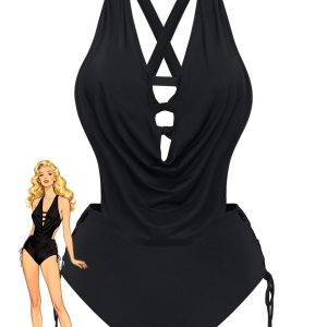 Black 1940s Crisscross Cutout Lace-Up Tankini Set