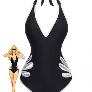 Black 1940s Floral Cut-Out Halter One-Piece Swimsuit