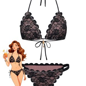 Black 1940s Lace Halter Backless Bikini Set