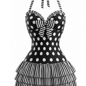 [Pre-Sale] Black 1940s Polka Dot Bow Halter One-Piece Swimdress