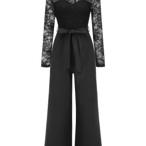Black 1940s Solid Lace Patchwork Jumpsuit
