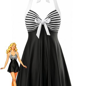 Black 1940s Striped Halter Bow Tankini Set