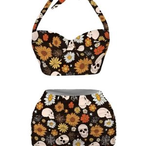 [Plus Size] Black 1950s Floral Print Lace-Up Halter Swimsuit