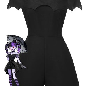 [Pre-Sale] Black 1950s Gothic Bat Off-Shoulder Mesh Romper