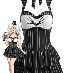 [Pre-Sale] Black 1950s Gothic Bat Pinstripe Halter Swim Dress