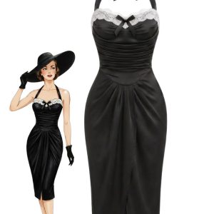 [Pre-Sale] Black 1960s Halter Lace Ruched Bodycon Dress