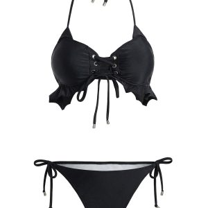 Black 1950s Halter Lace Up Ruffle Hem Bikini Set