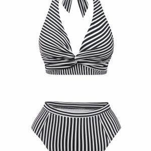 Black 1950s Halter Stripe Knotted Tankini Set