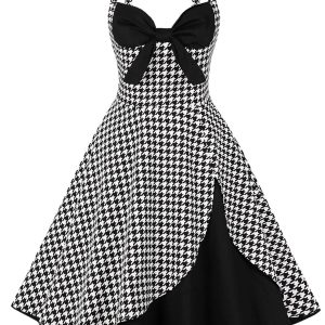 Black 1950s Houndstooth Bowknot Strap dress