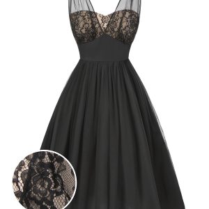 Black 1950s Lace Floral Mesh Swing Dress