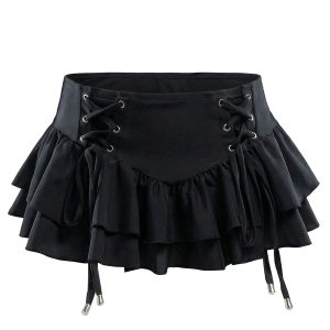 Black 1950s Lace Up Tiered Hem Skirt Cover Up