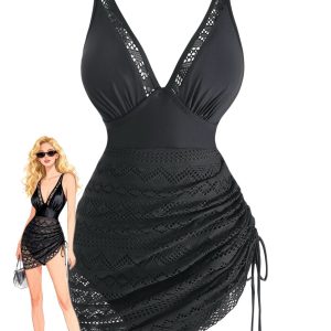 Black 1950s Lace V-Neck Ruched One-Piece Swimsuit