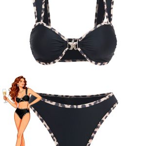Black 1950s Leopard Trim Metal Starfish Bikini Set