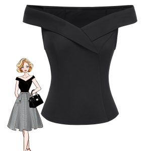 Black 1950s Off-Shoulder Solid Top