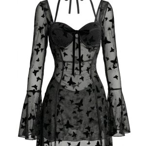 Black 1950s Butterfly Print Sheer Mesh One-Piece Swimsuit