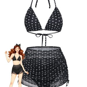 Black 1950s Polka Dot Halter Bikini Set & Cover-Up