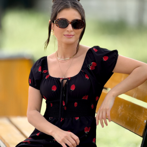Black 1950s Raspberry Puff Sleeves Romper