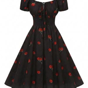 [Pre-Sale] Black 1950s Raspberry V-Neck Halter Midi Dress