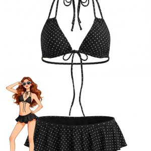 Black 1950s Ruffle Lace-Up Polka Dot Bikini Set