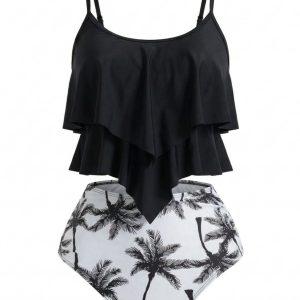 Black 1950s Ruffled Coconut Tree Tankini Set