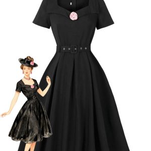 Black 1950s Solid 3D Rose Lapel Swing Dress