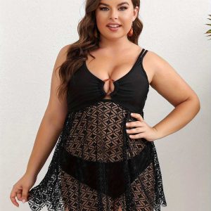 [Plus Size] Black 1950s Solid Bohemian Lace Tankini Set