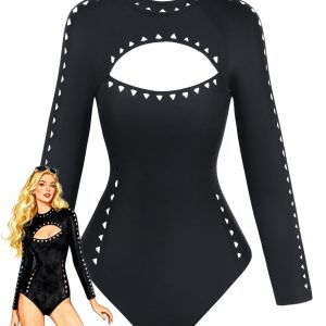 Black 1950s Solid Cutout Long Sleeves Swimsuit