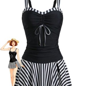 [Pre-Sale] Black 1950s Striped Colorblock Ruched Tankini Set