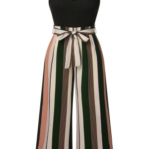 [Plus Size] Black 1950s Stripes Knitted Belted Jumpsuit