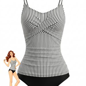 Black 1950s Stripe Spaghetti Strap Tankini Set