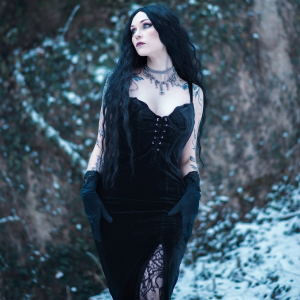 Black 1960s Bat Neckline Velvet Slit Dress