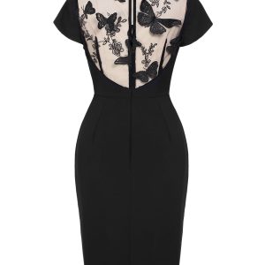 Black 1960s Butterfly Backless Pencil Dress