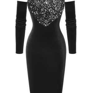 Black 1960s Heart Shape Sequined Patchwork Dress