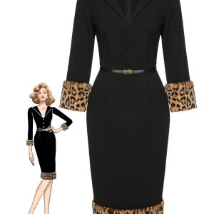 Black 1960s Leopard Plush V-Neck Pencil Dress